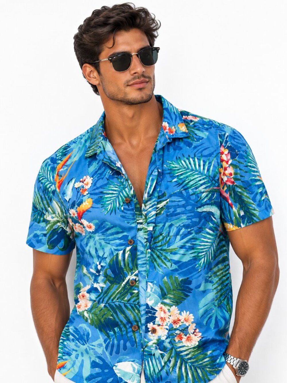 Blue Tropical Palms Hawaiian Shirt | Size M